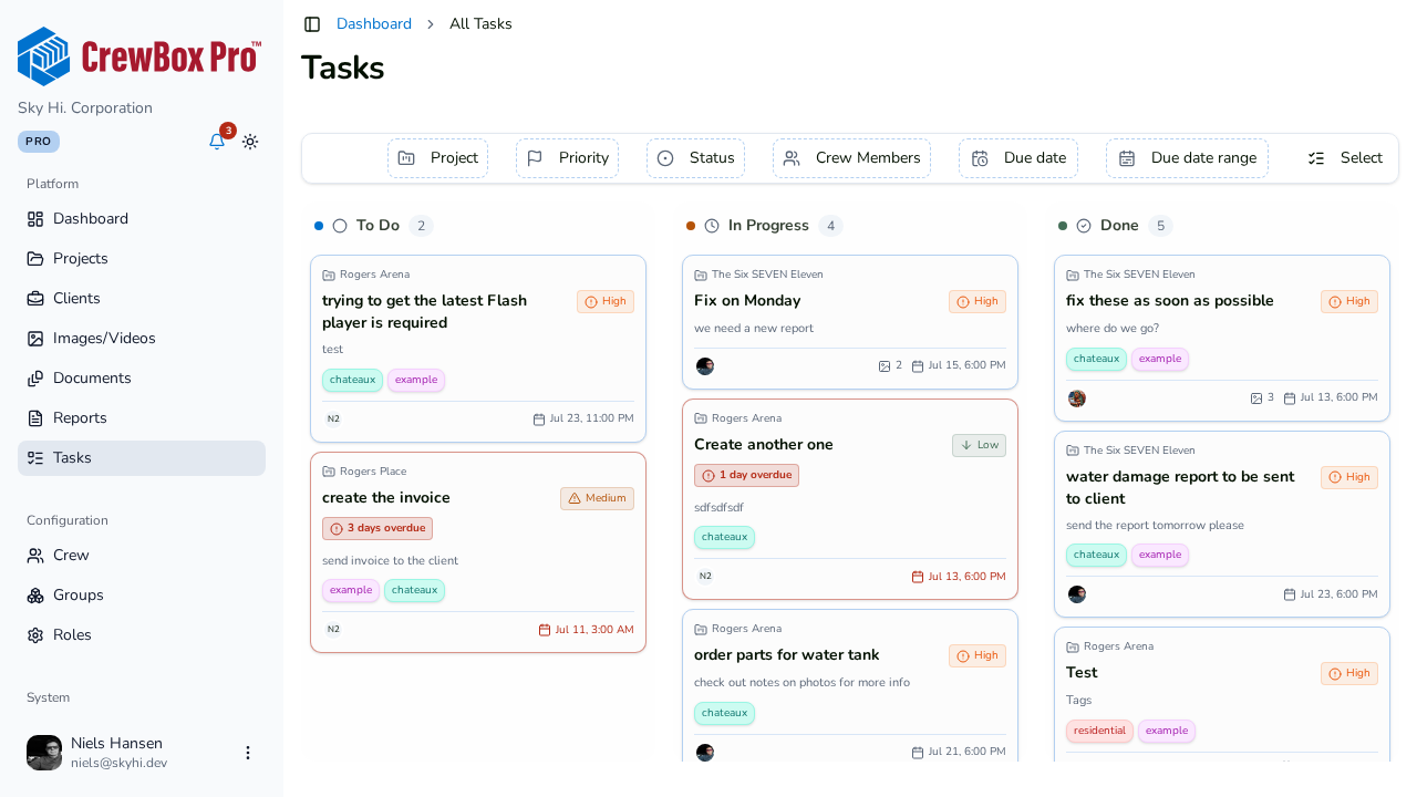 The task board in the CrewBox web console
