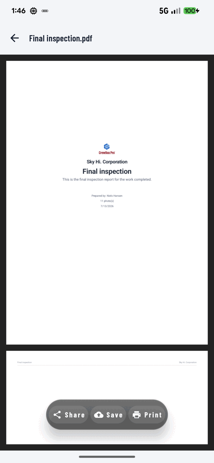 The PDF report builder in the CrewBox CrewBox mobile app