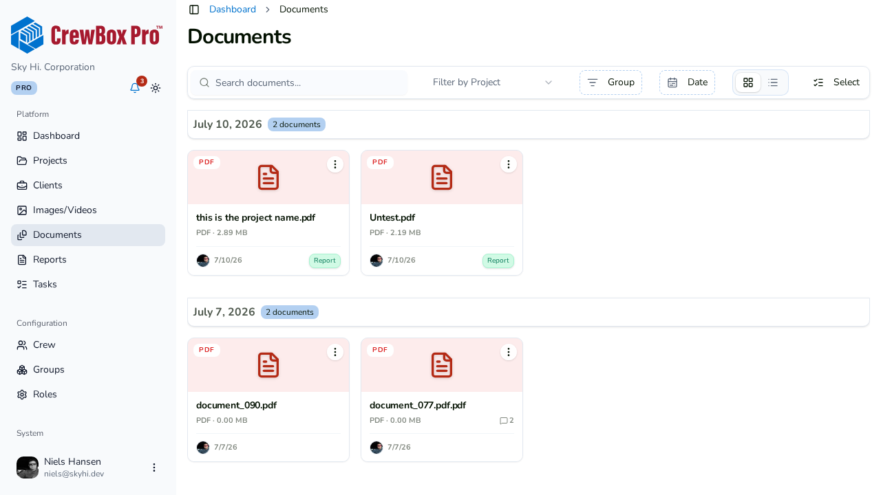 The Documents library in the CrewBox web console