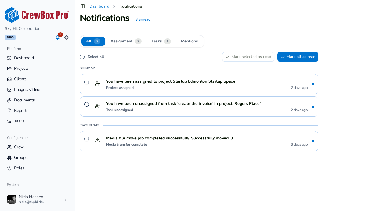 The Notifications inbox in the CrewBox web console