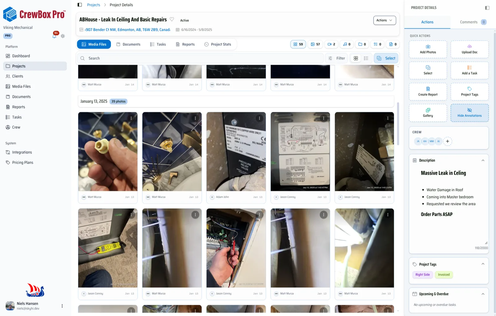 CrewBox construction photo app project view with date-grouped jobsite photos, crew, tags and quick actions
