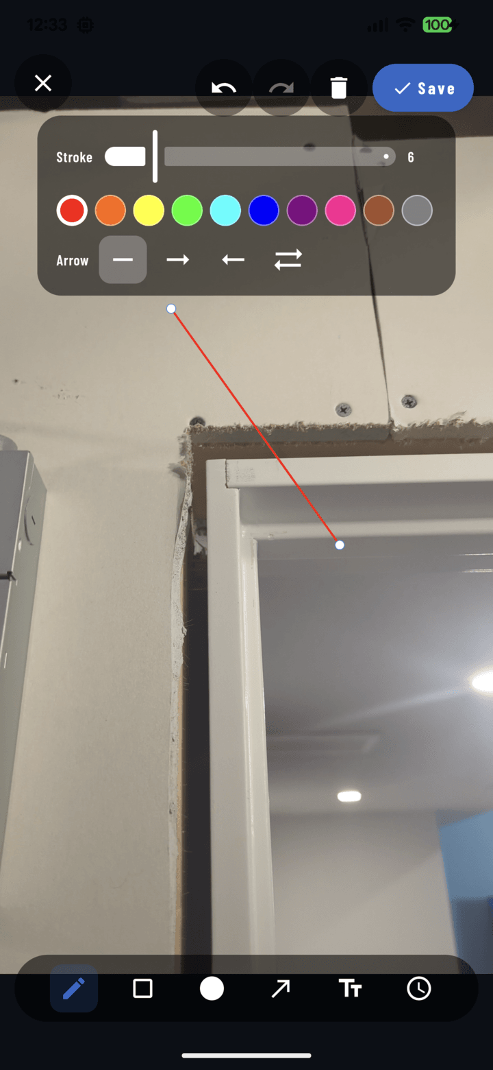 A drawn line selected on the photo with endpoint handles visible