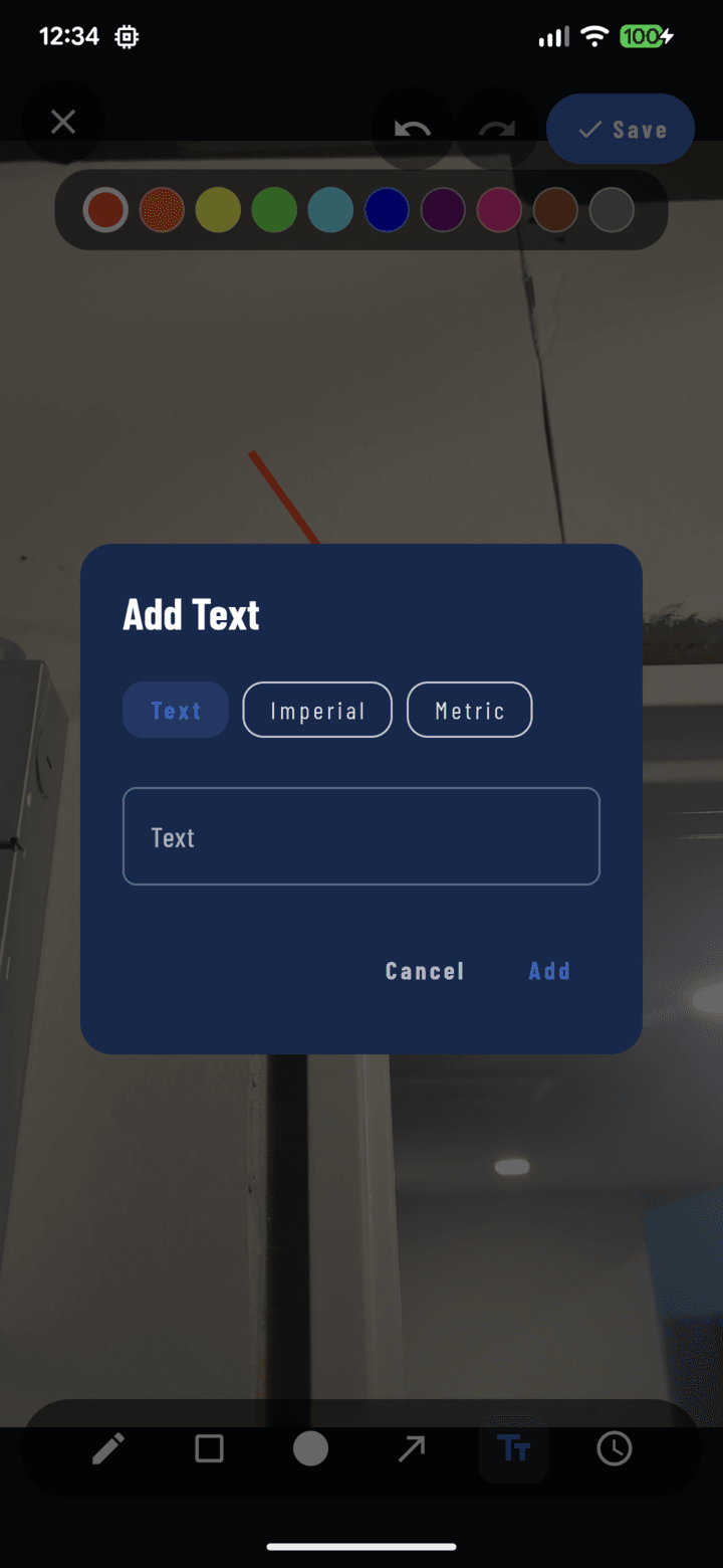 Add Text dialog with Text, Imperial, and Metric modes