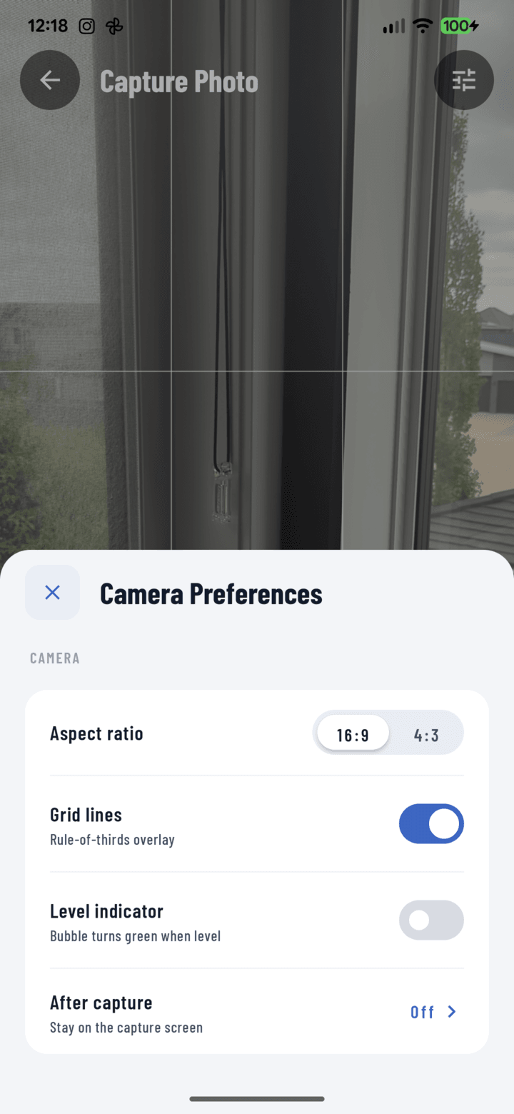 Camera settings sheet with the Grid lines toggle