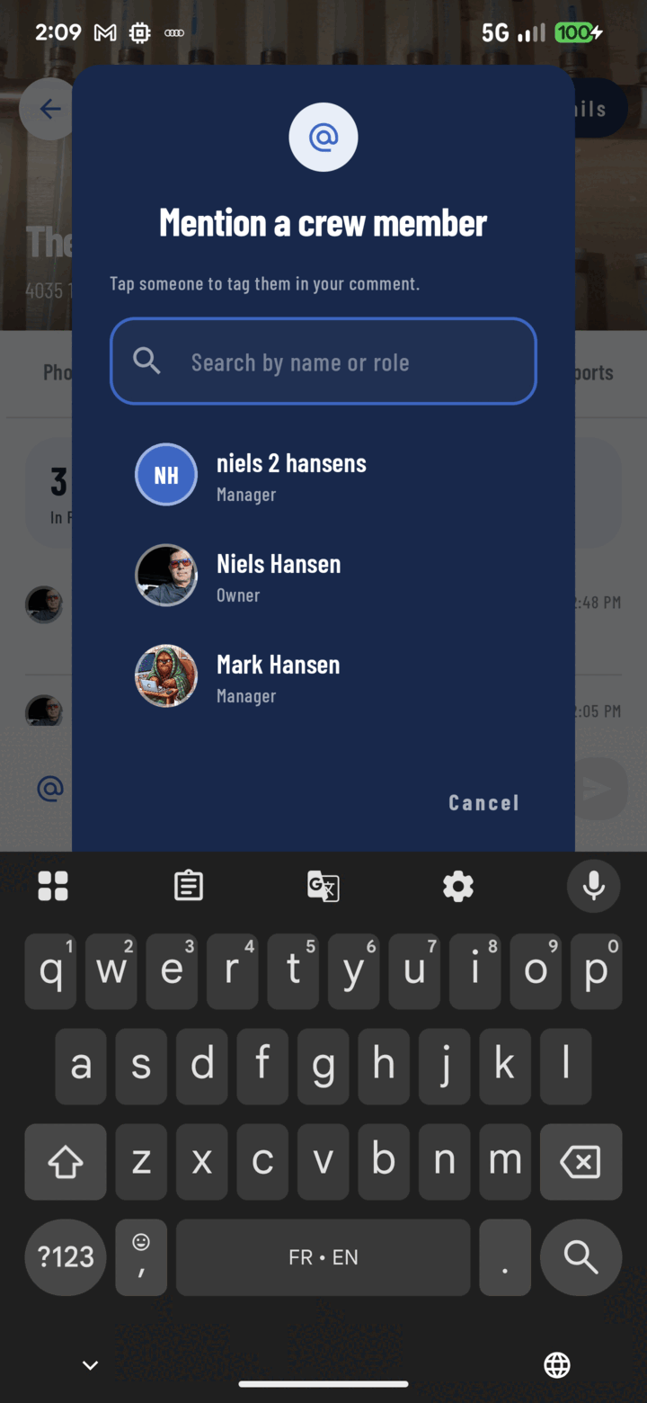 Mention a crew member picker with a search field and a list of crew