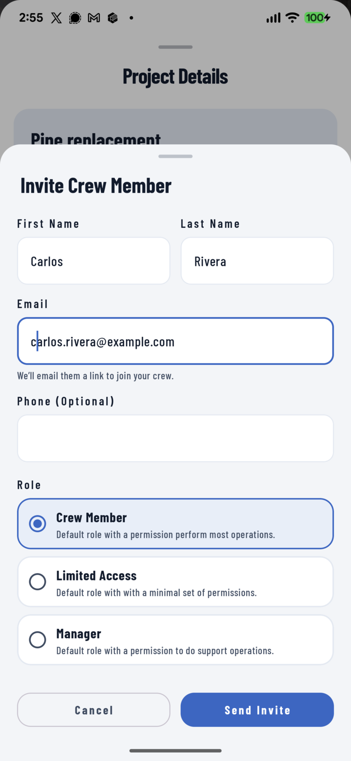 The Invite Crew Member sheet with name, email and role fields