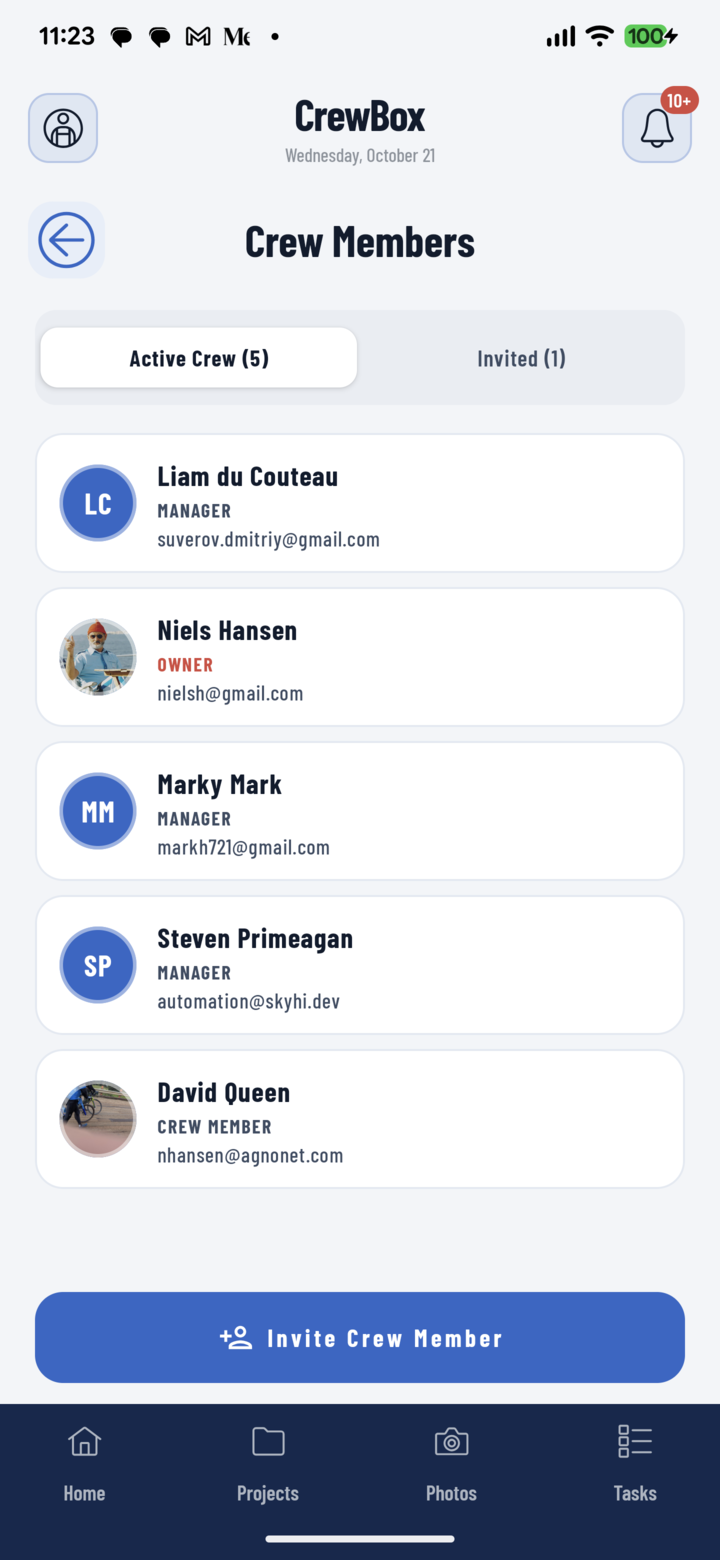 Crew Members screen listing team members with roles and an Invite Crew Member button