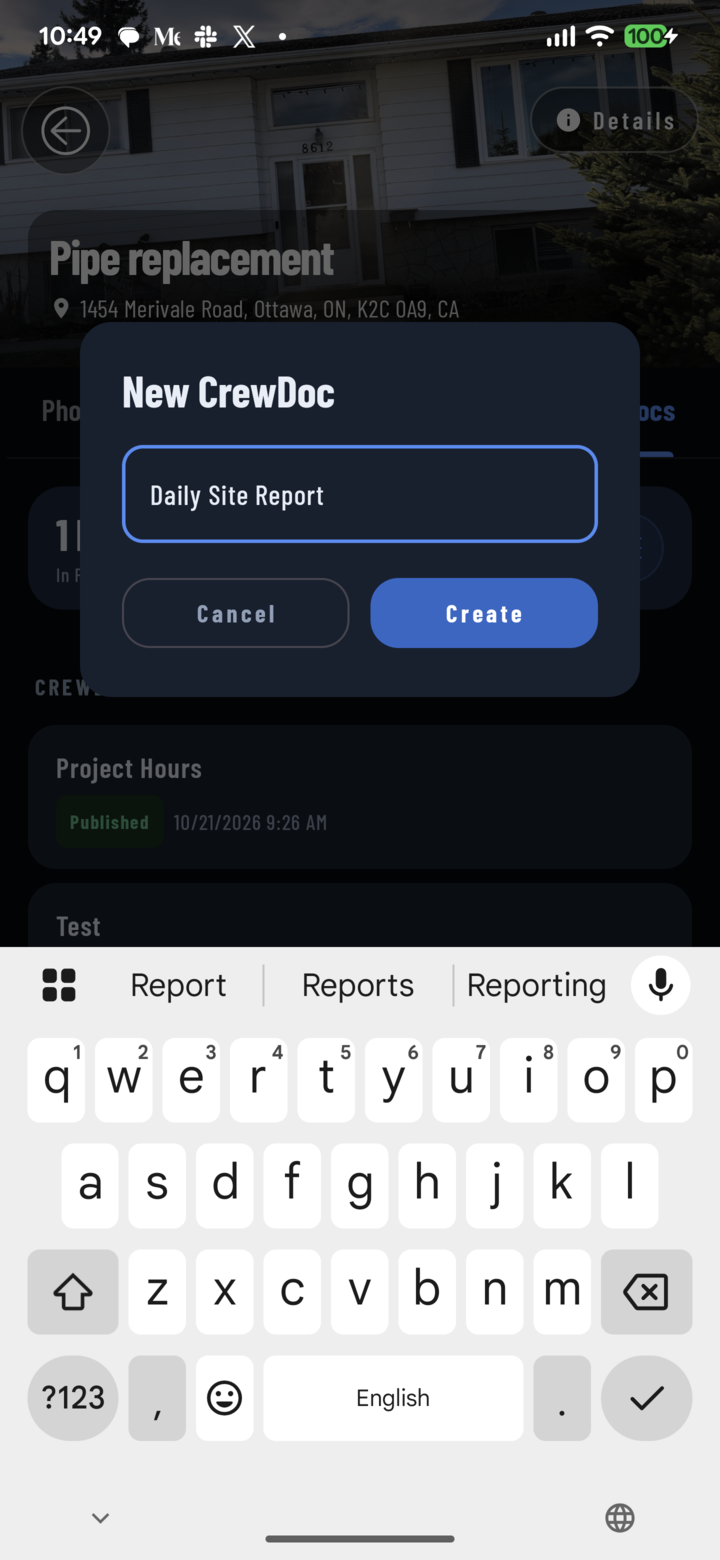 Cuadro Nuevo CrewDoc con el título «Daily Site Report» y los botones Cancelar y Crear