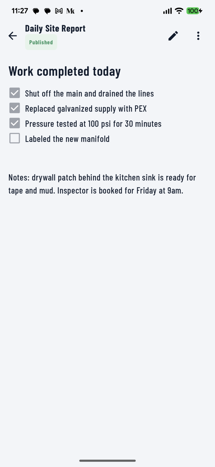 A published Daily Site Report CrewDoc with a completed checklist