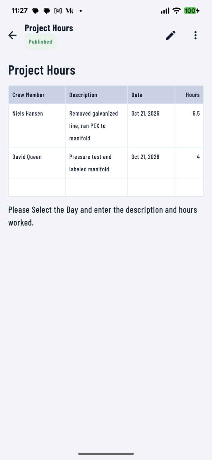 A crew hours table in a CrewDoc with crew member, description, date and hours