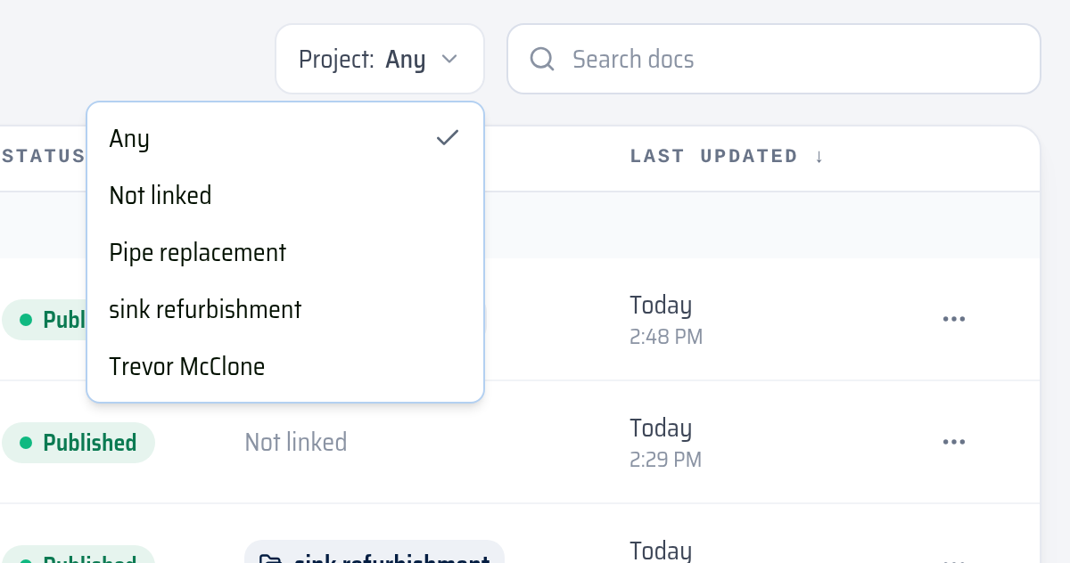 The Project filter: Any, Not linked, or a specific project.