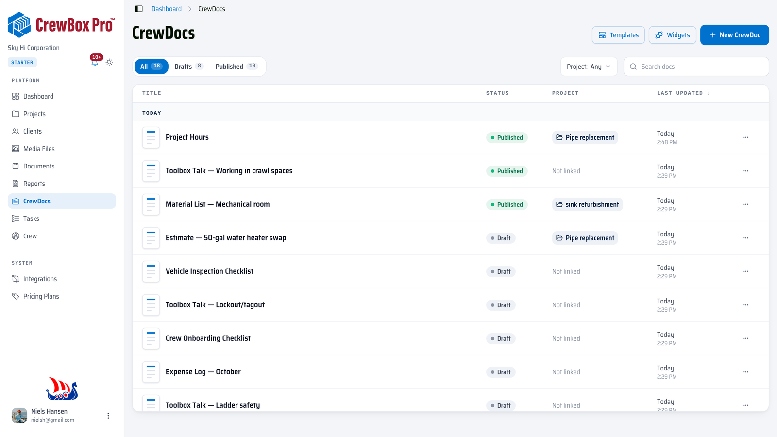 The CrewDocs page — every CrewDoc with its status, project, and last update.