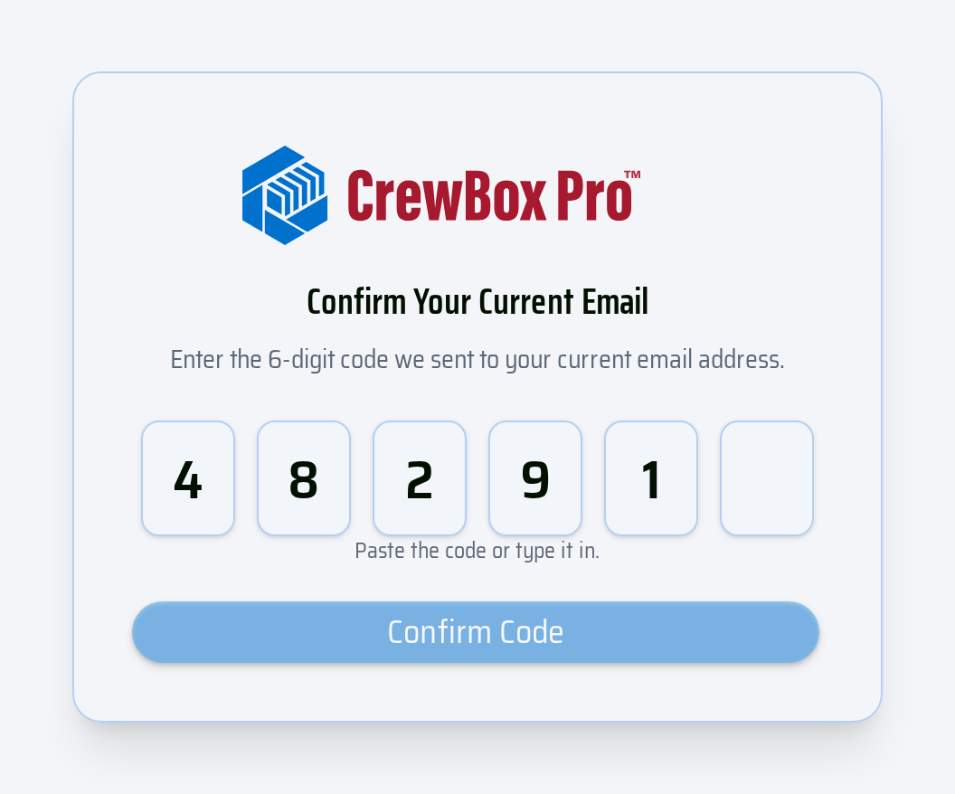 The Confirm Your Current Email page — paste or type the 6-digit code.