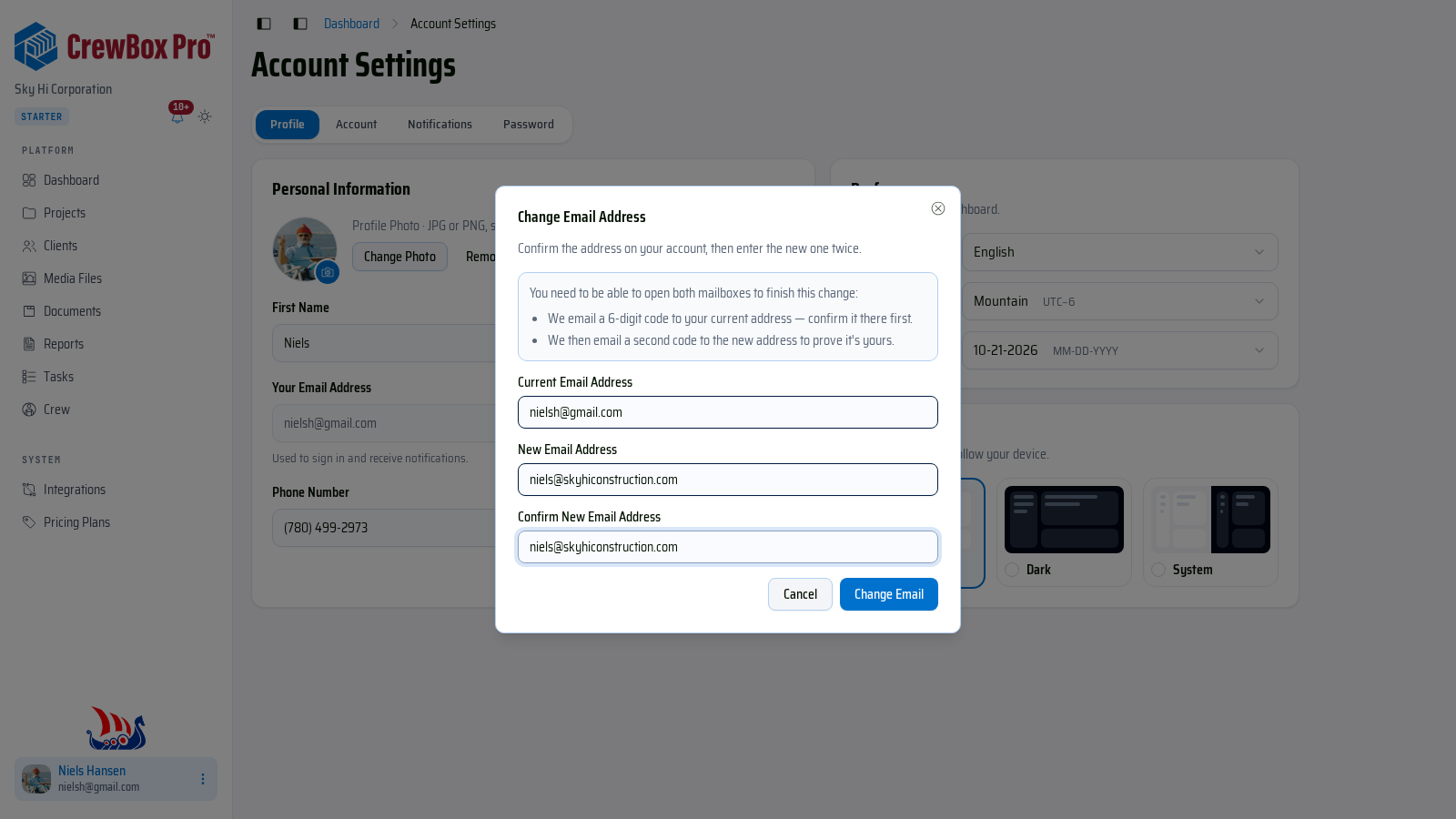 The Change Email Address dialog, opened from your profile.