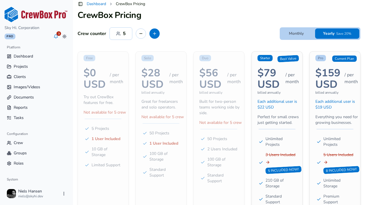 The Pricing page compares plans — the current plan is badged.