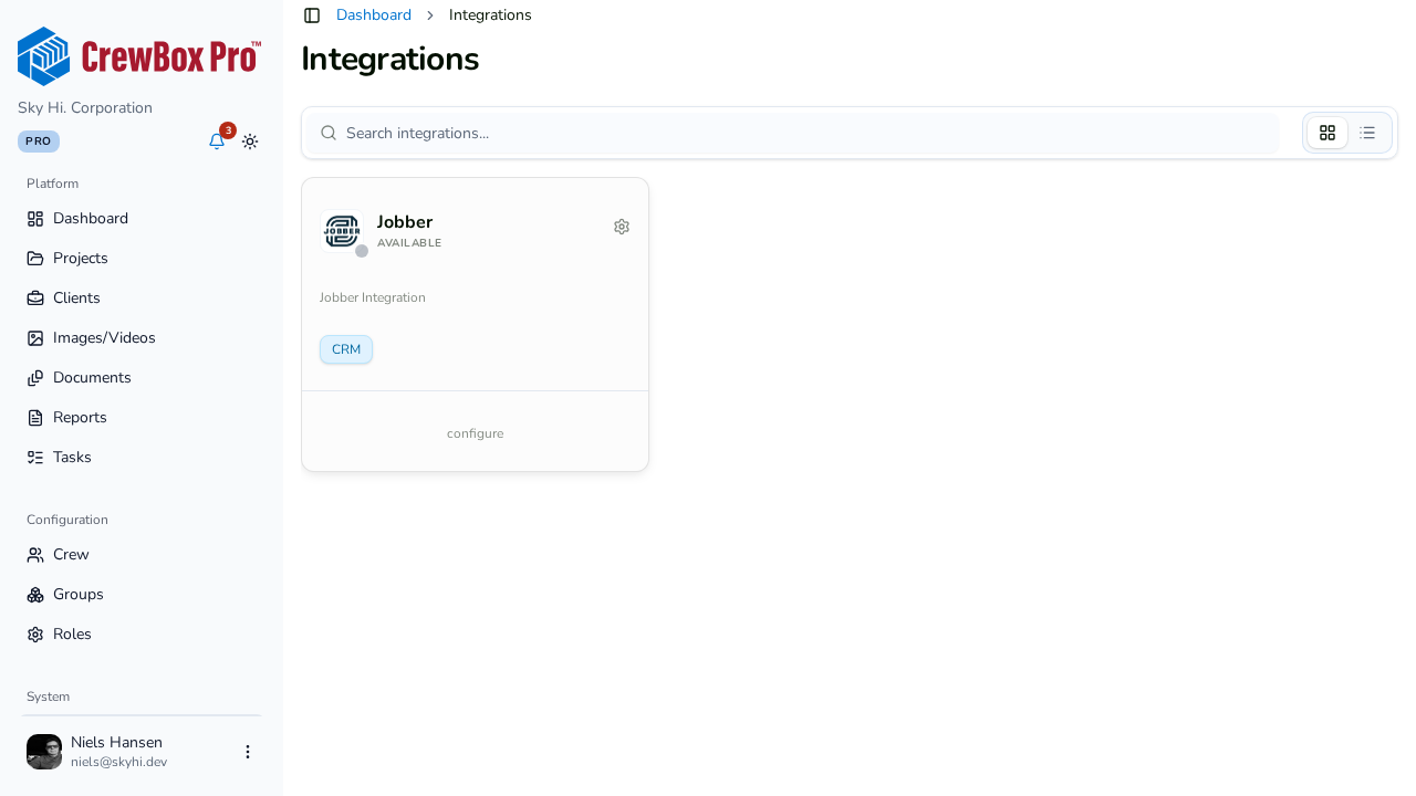 The Integrations page — connect tools like the Jobber CRM.