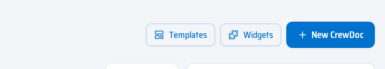 Los botones Plantillas y Widgets están junto a Nuevo CrewDoc, en la parte superior de la página CrewDocs.