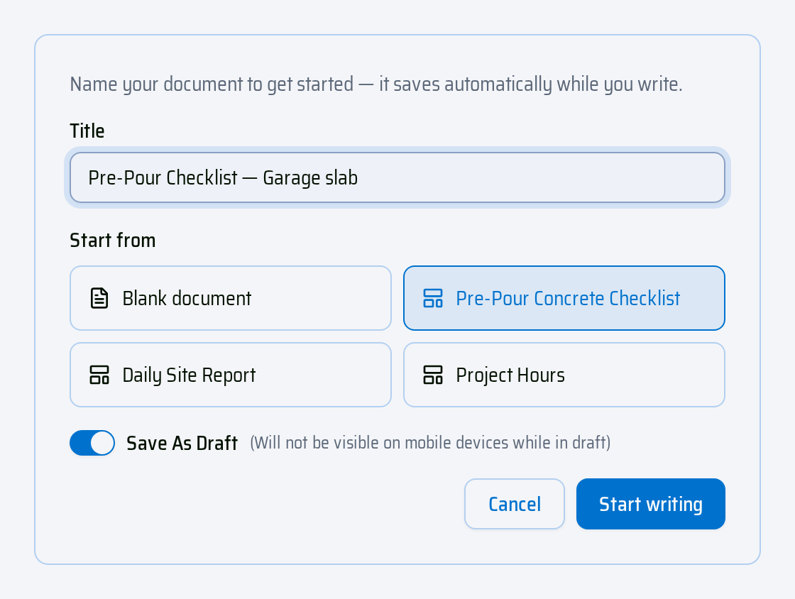 La página Nuevo CrewDoc con la plantilla Pre-Pour Concrete Checklist seleccionada en Empezar desde.