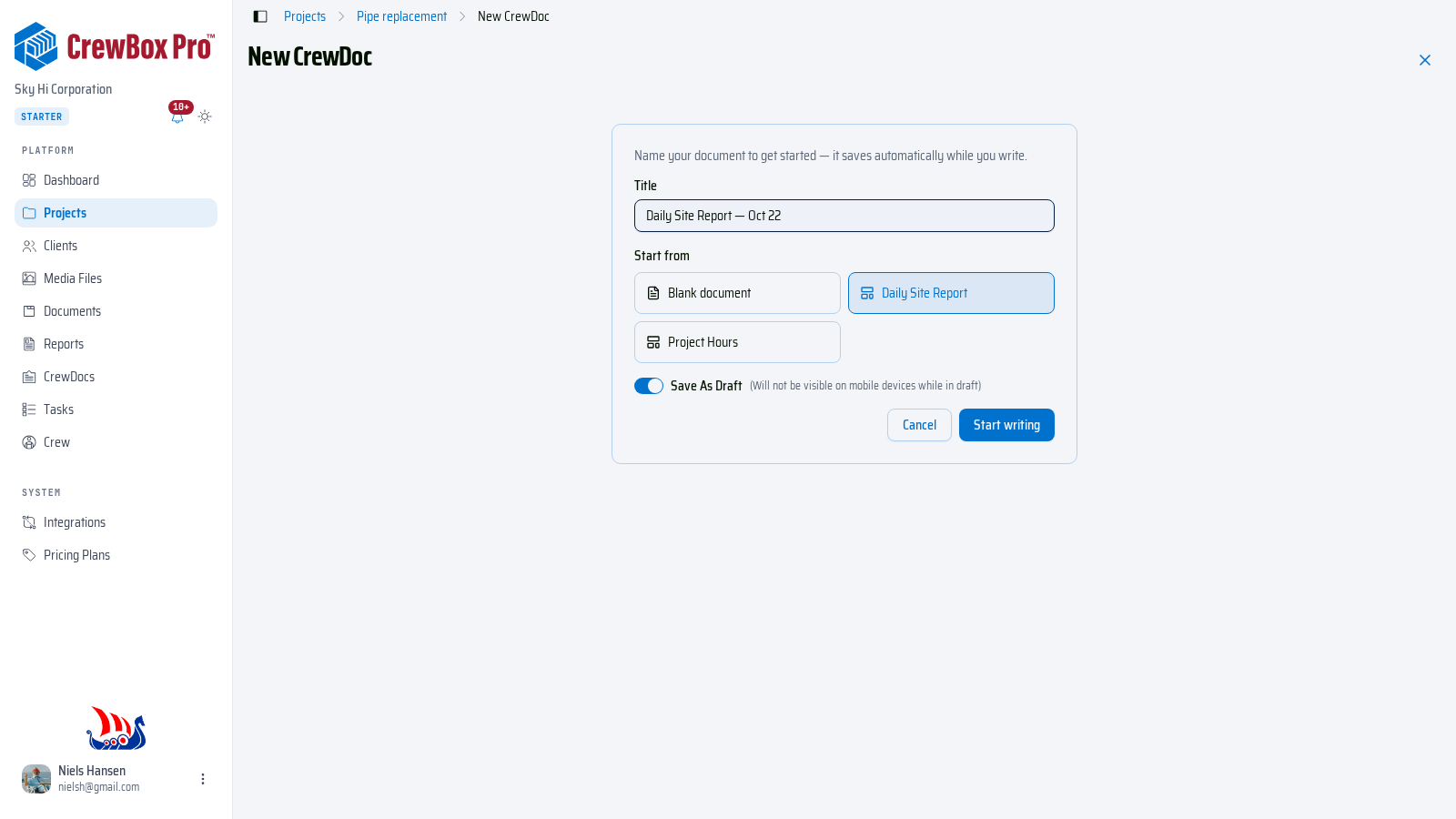 The New CrewDoc page — a title, a starting template, and the draft switch.