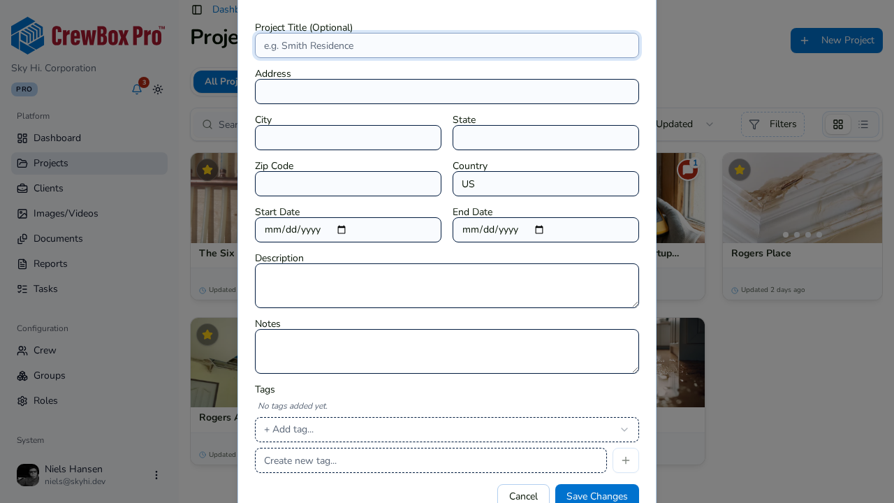 The New Project modal, ready for the job-site details.