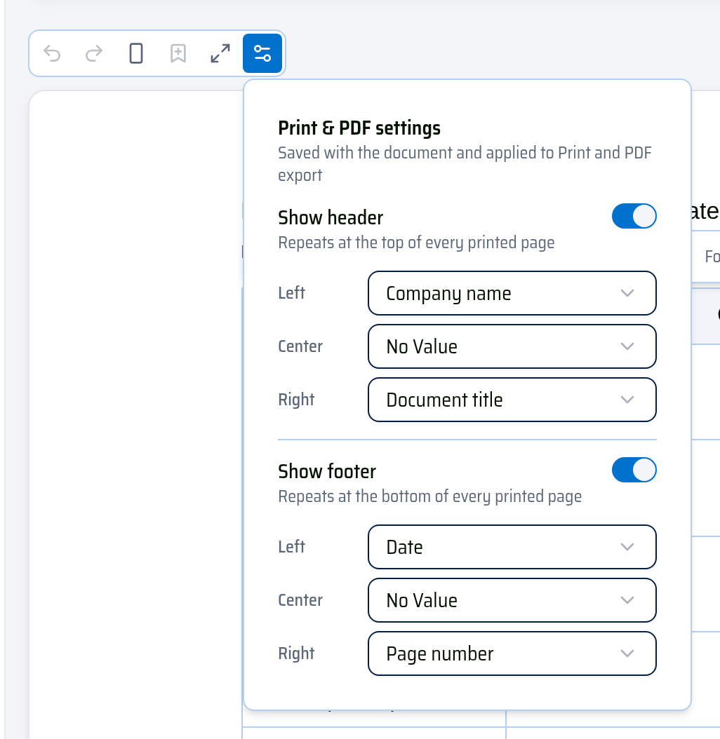 Print & PDF settings: header and footer slots for every printed page.