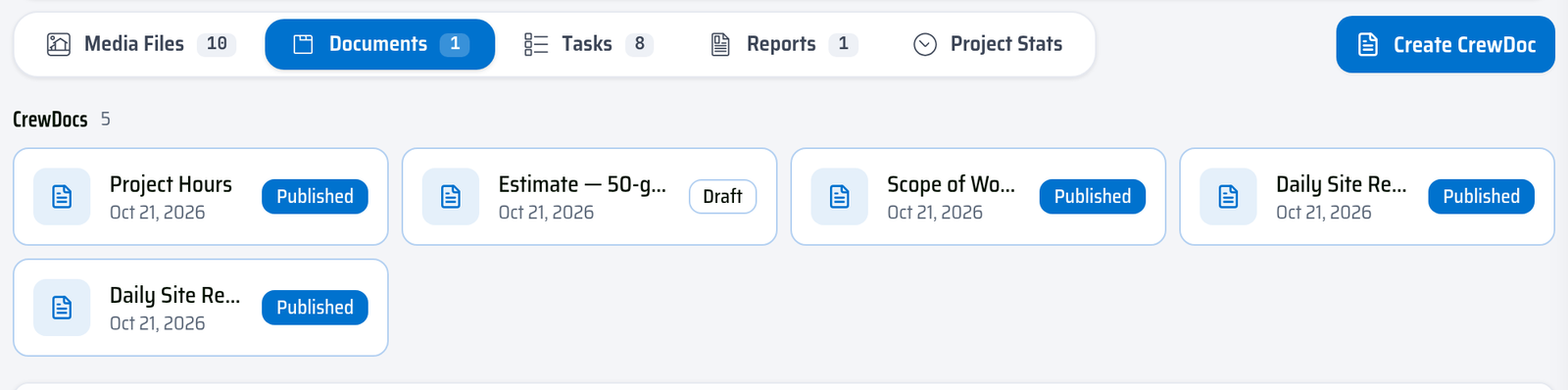 The CrewDocs section of a project's Documents tab.