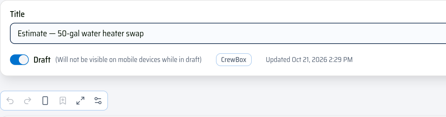 El título, el interruptor Borrador y la barra del editor: deshacer, rehacer, orientación, guardar la selección como widget, pantalla completa y ajustes de impresión y PDF.