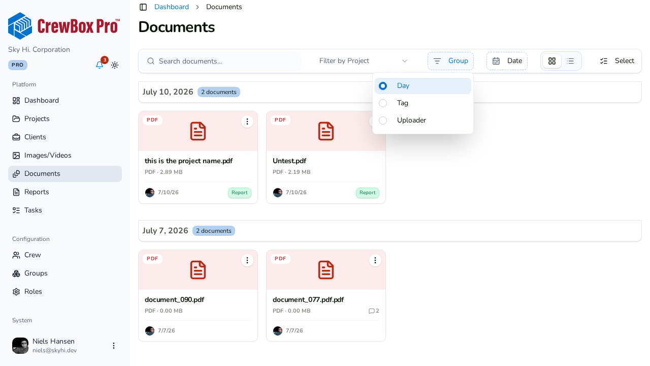 Filter by project and group documents by day, tag, or uploader.