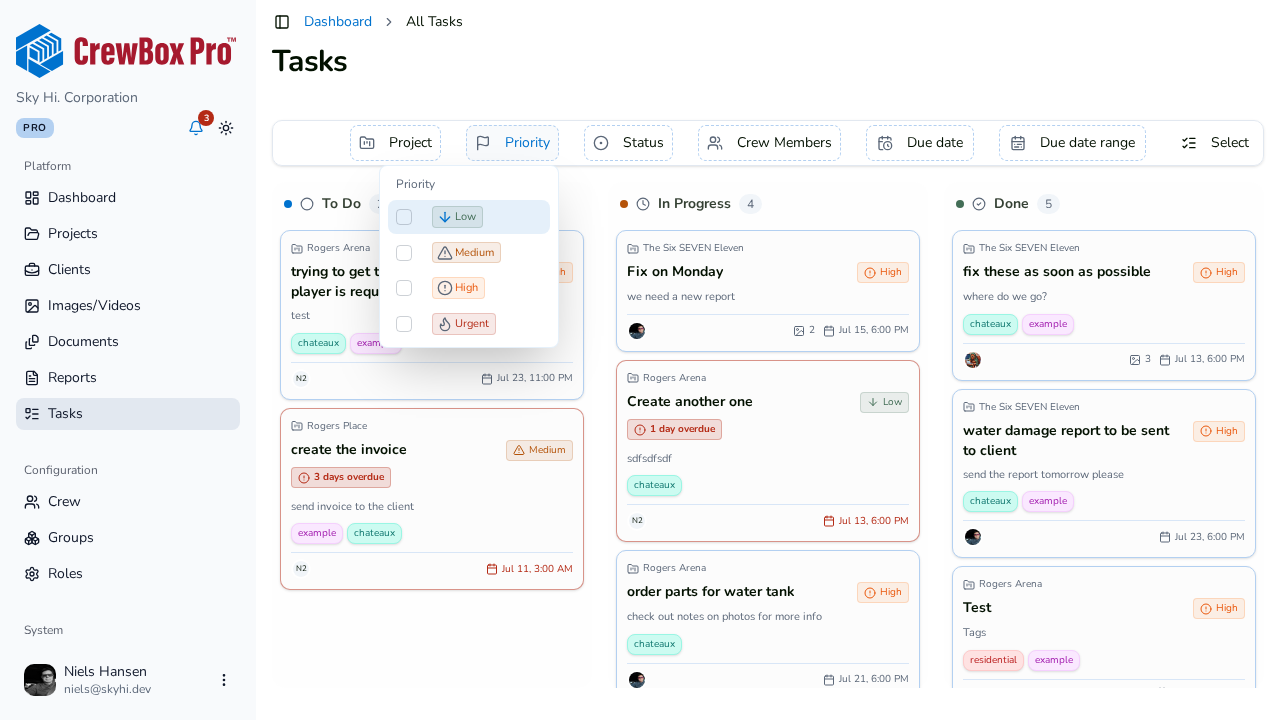Filter tasks by project, priority, status, crew, or due date.