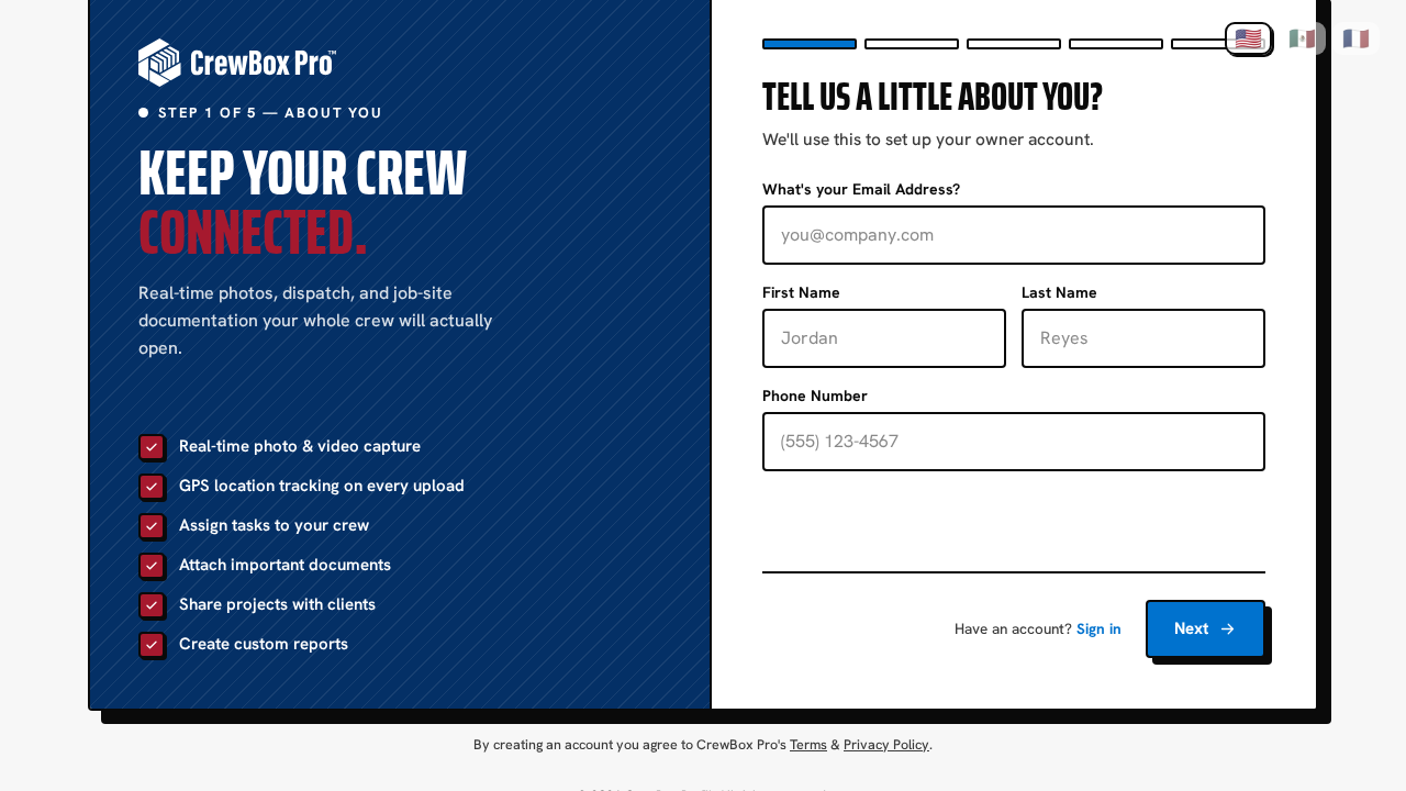 The sign-up wizard's first step collects your owner-account details.