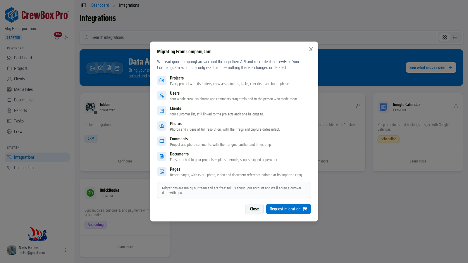 El cuadro Migración desde CompanyCam, con todo lo que el equipo traslada.