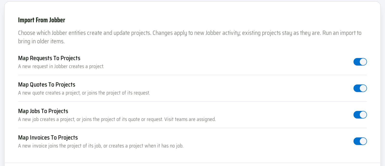 Import from Jobber: switch on the Jobber items that create projects.