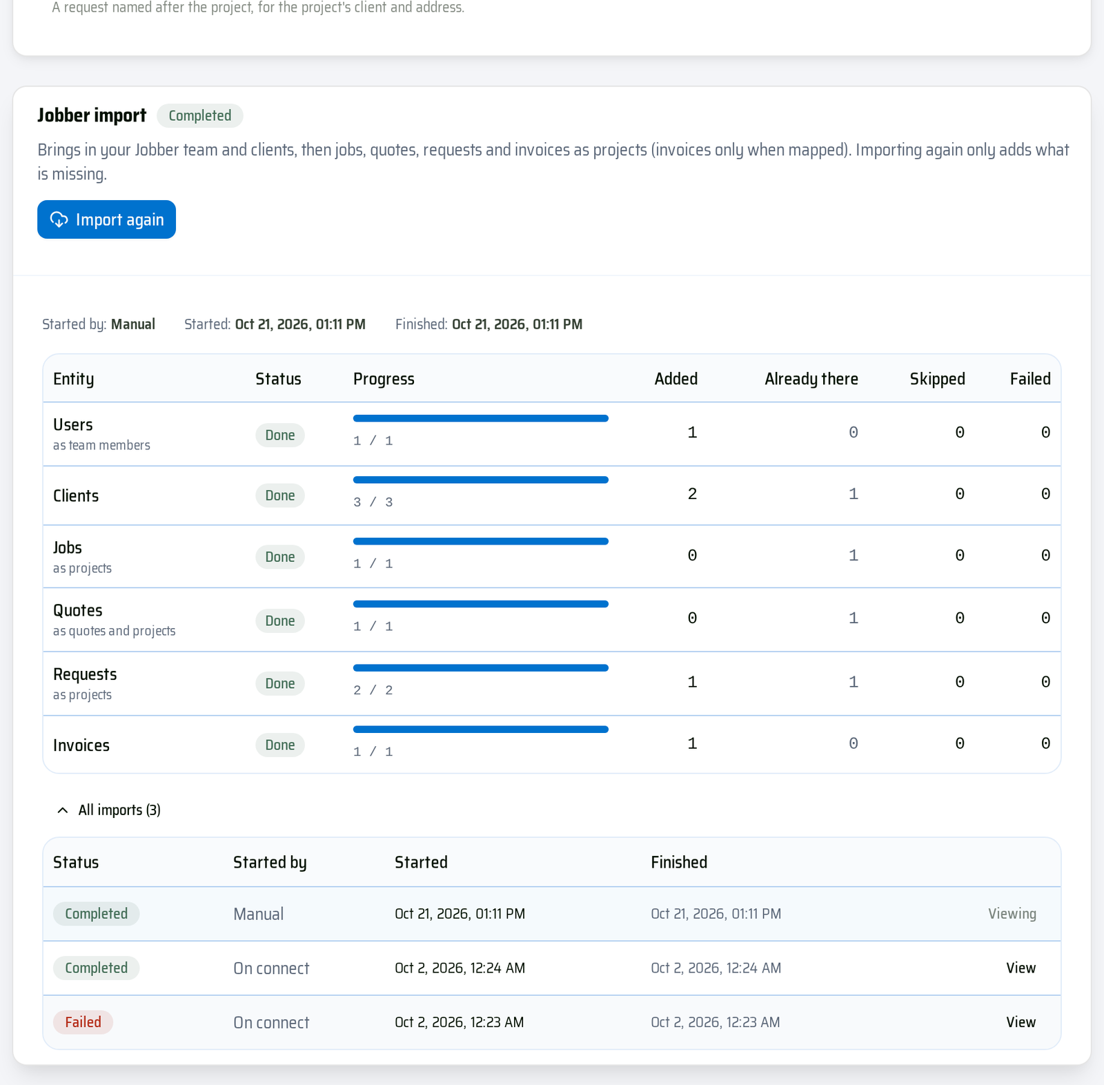 The Jobber import panel: per-item progress and results, with All imports expanded below.