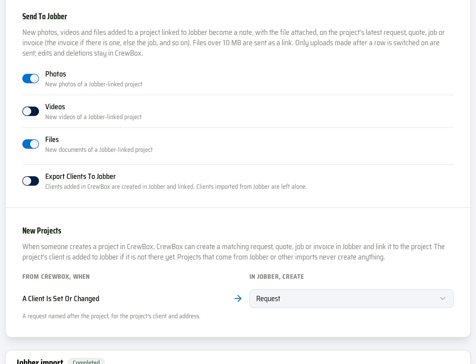 Send to Jobber (Photos, Videos, Files, Export clients) and the New projects setting.