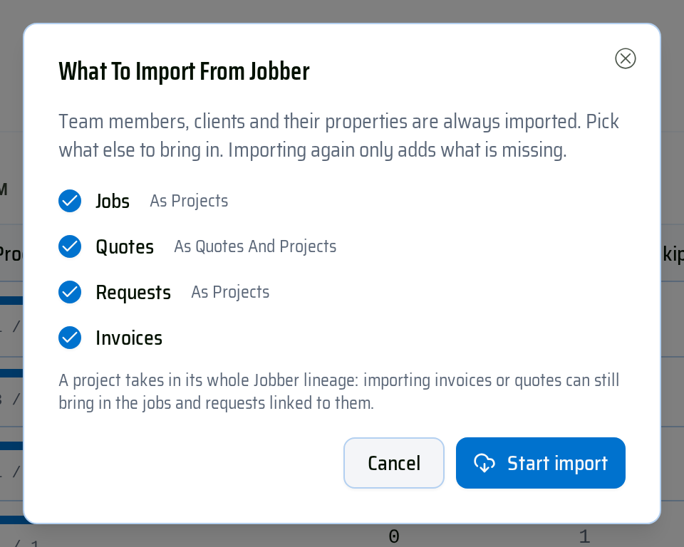 What to import from Jobber: tick Jobs, Quotes, Requests, and Invoices, then Start import.