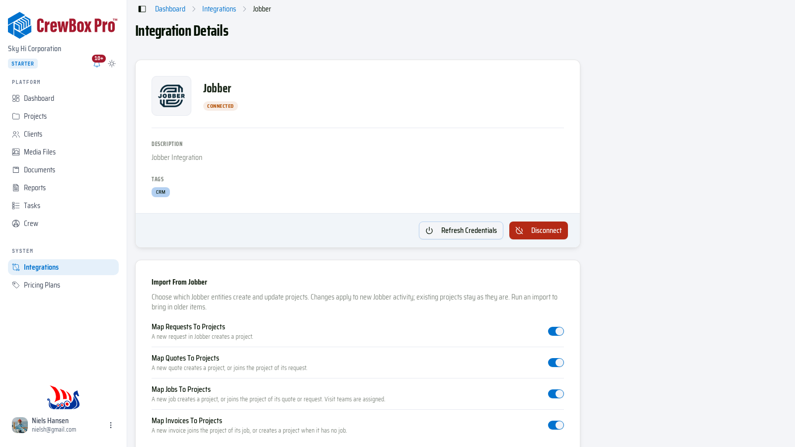 The Jobber Integration Details page, connected.
