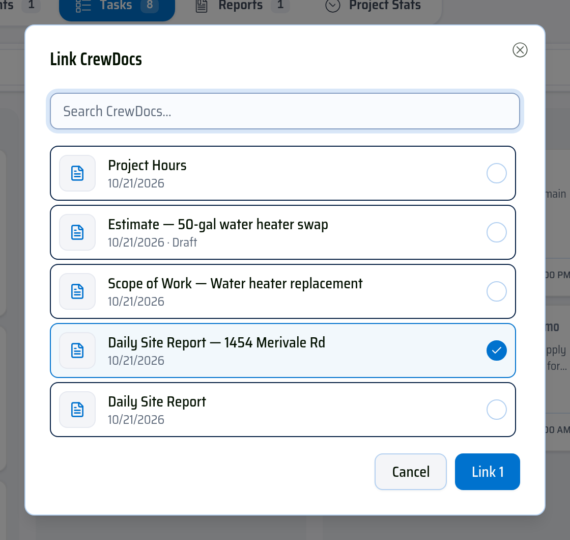 Link CrewDocs: tick the CrewDocs to link, then click Link.