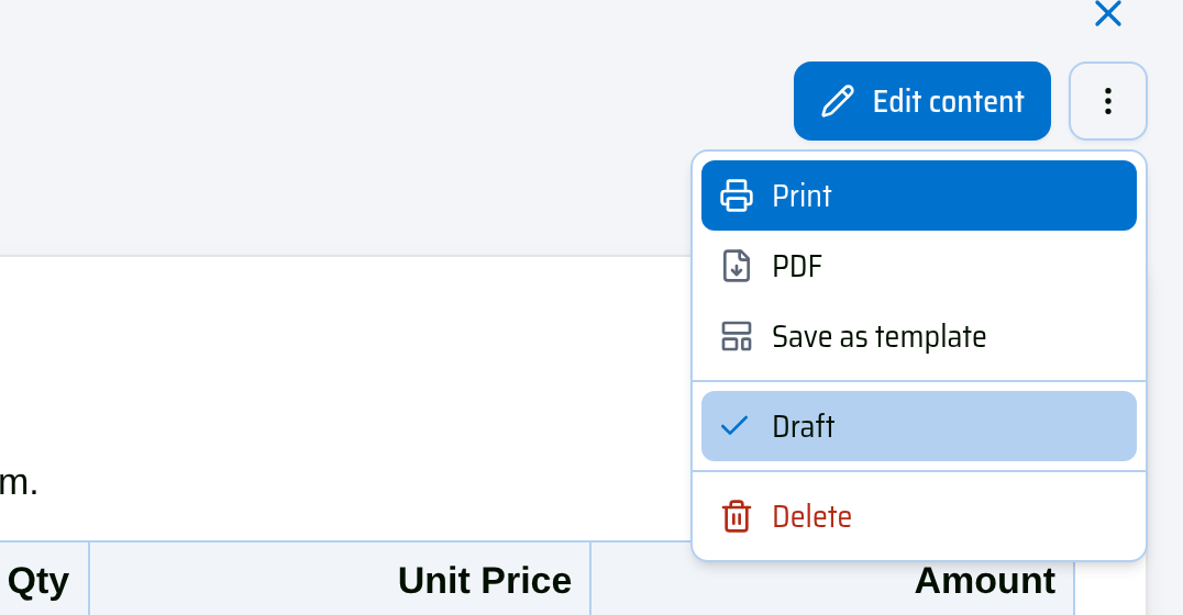 Print and PDF in the ⋯ menu next to Edit content.