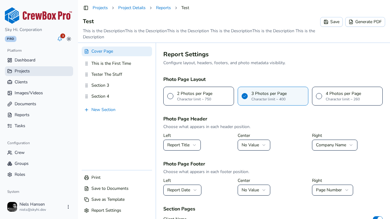 Report Settings sets each header and footer position.