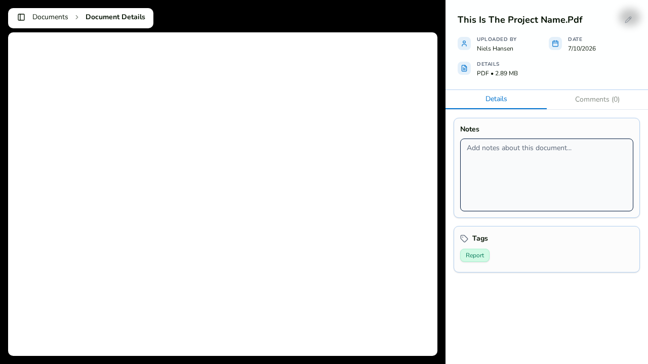 The document viewer, with details, notes, and comments alongside the file.