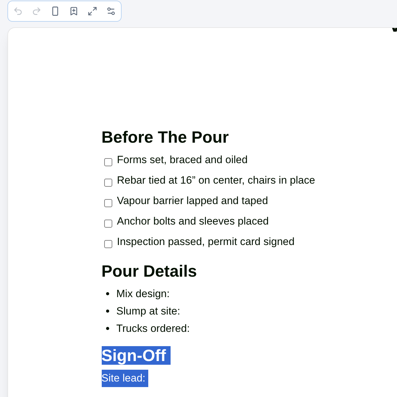 Selected content and the editor toolbar; the bookmark icon saves the selection as a widget.