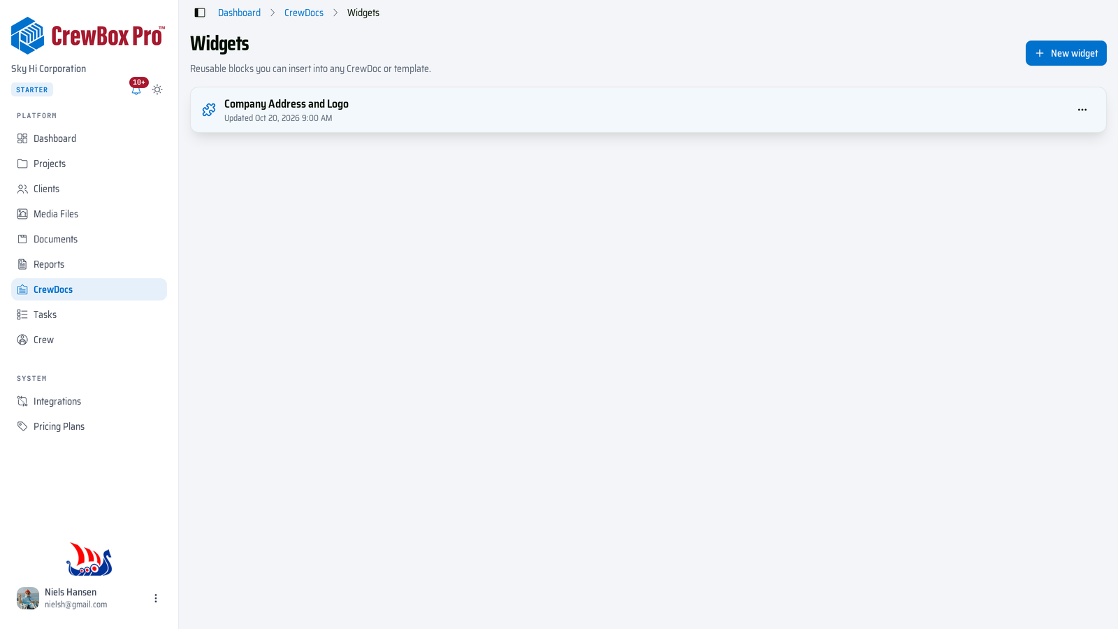 The Widgets page — reusable blocks you can insert into any CrewDoc or template.