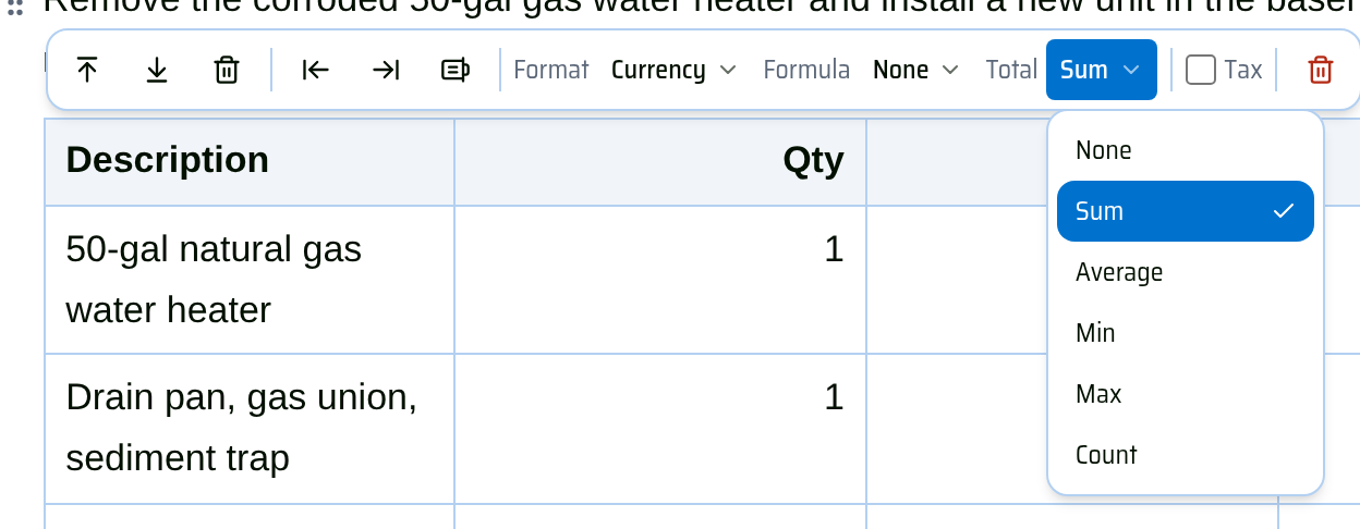 Les options de total : aucun, somme, moyenne, min, max ou nombre.