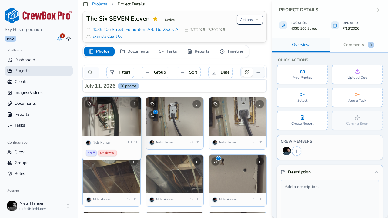 The project sidebar: quick actions, crew, description, tags, and urgent tasks.