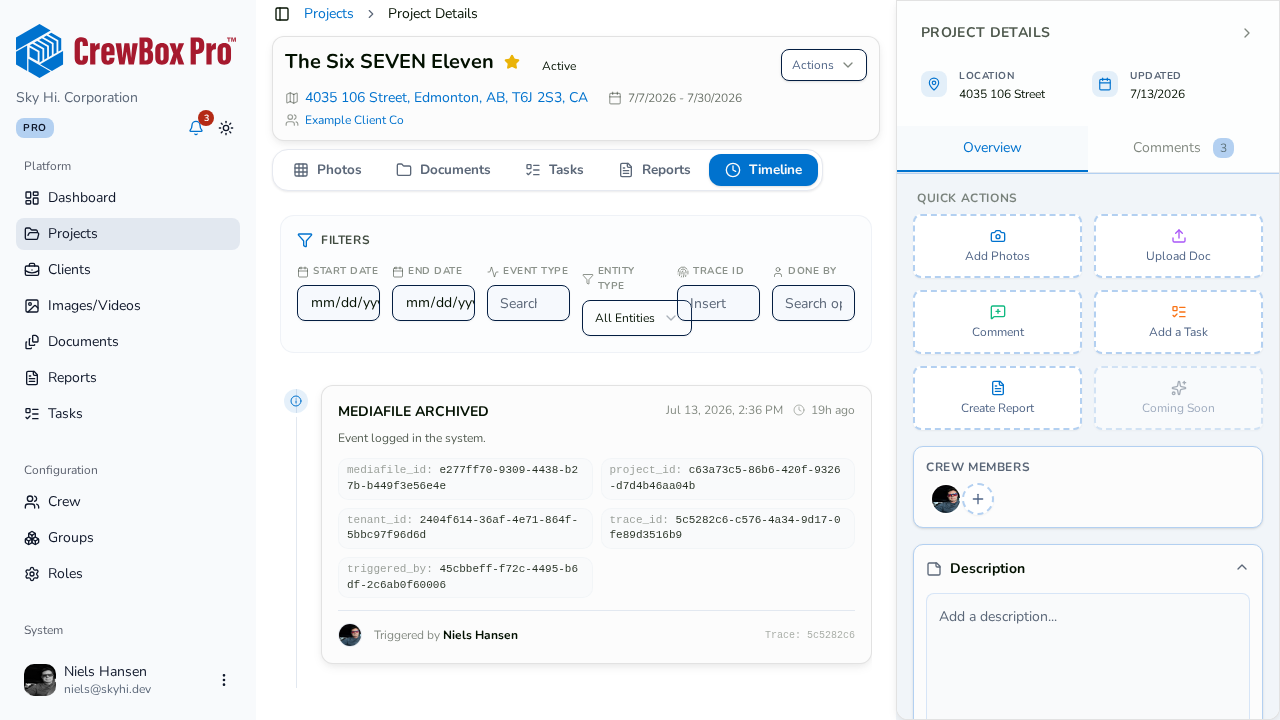 The project Timeline tab, with its filterable event feed.