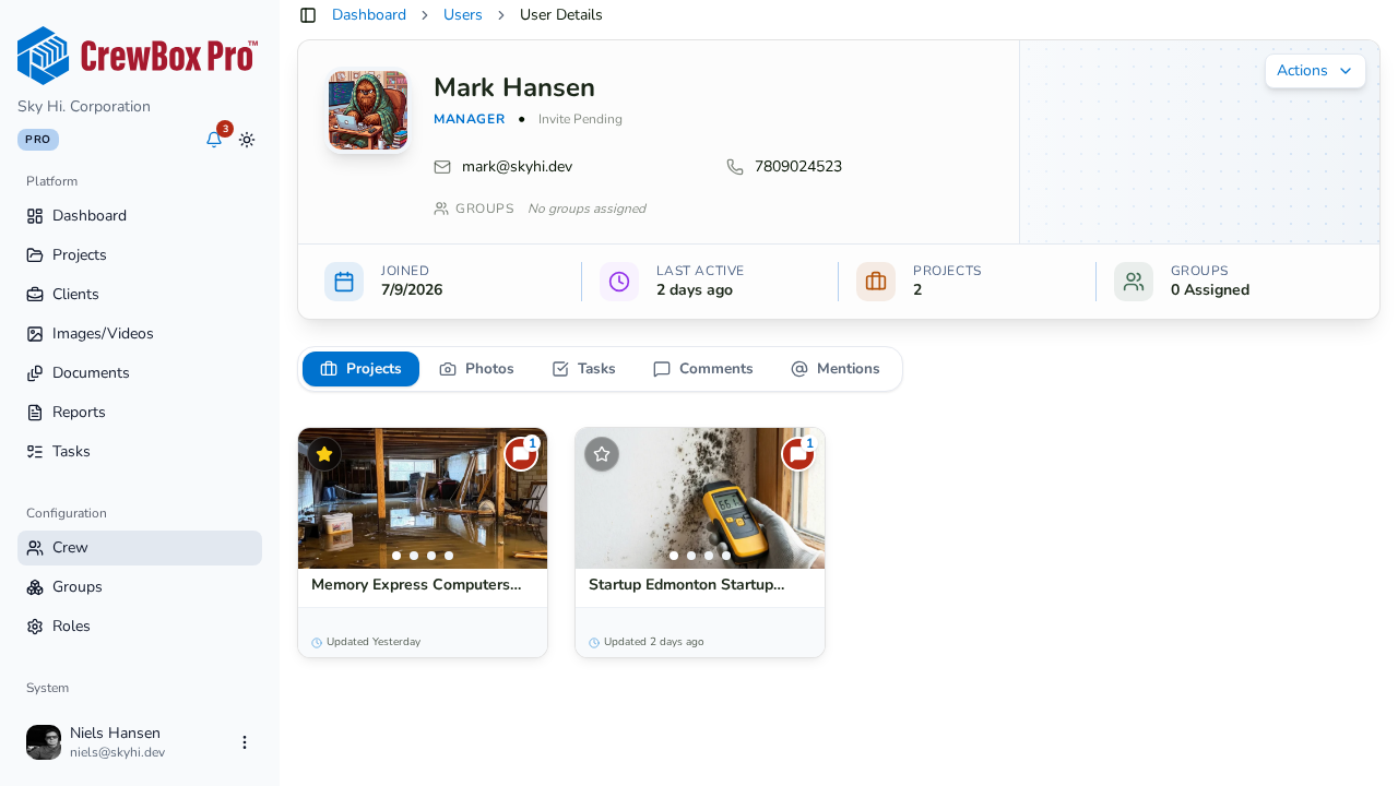 A crew member's profile rolls up their projects, photos, tasks, comments, and mentions.