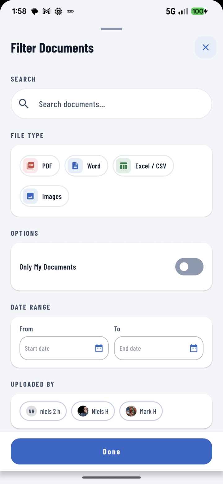 Filter Documents sheet with search, file type, date range, and uploaded-by options