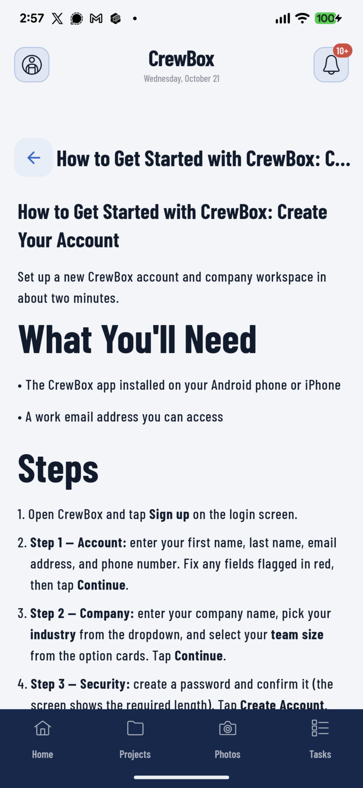 A how-to guide open inside the CrewBox app's Help & How-To