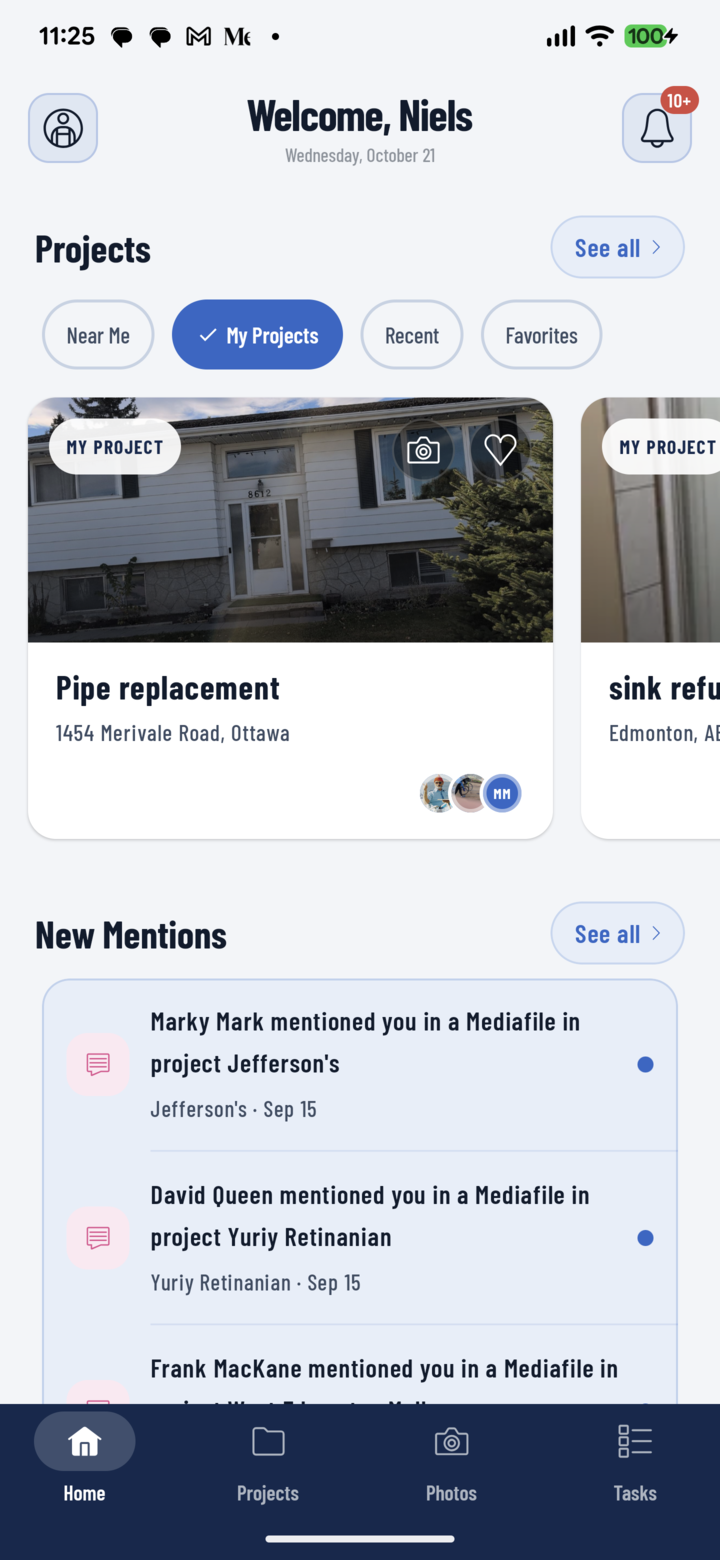 CrewBox mobile home screen with project cards and new mentions