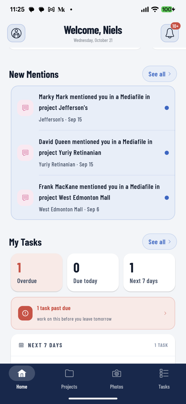 CrewBox home screen showing new mentions and a My Tasks summary